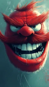 Ferocious red cartoon face with exaggerated grimacing smile.