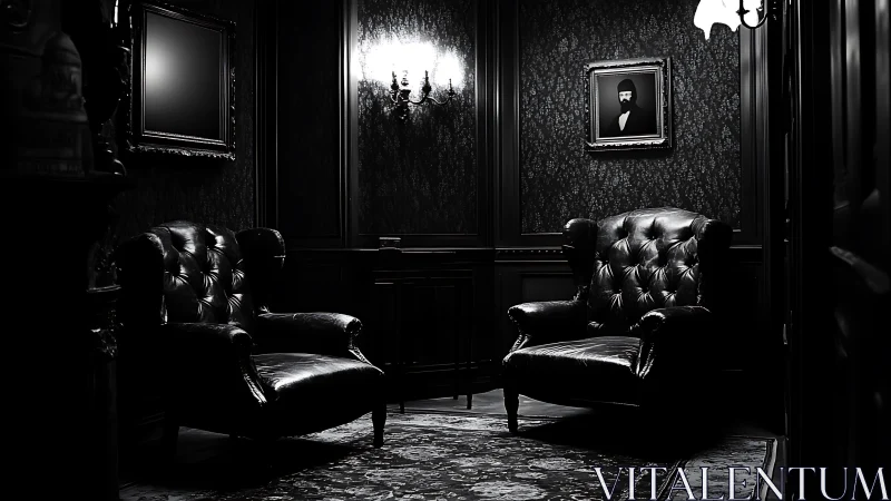 Dark leather lounge chairs under single sconce in noir parlor