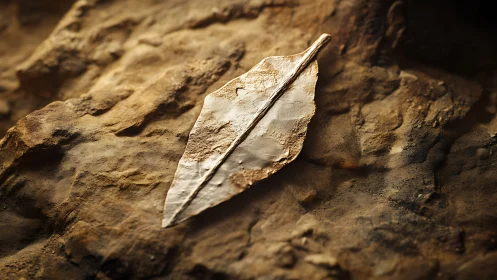 Metallic leaf sculpture resting on textured rock surface.