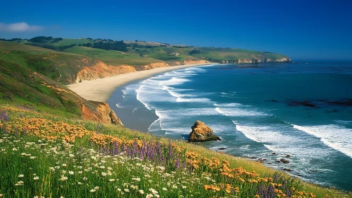 Wildflower headland above sweeping turquoise shoreline.
