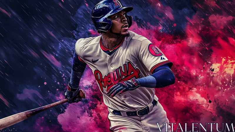 Dynamic baseball hitter amid explosive neon color storm.