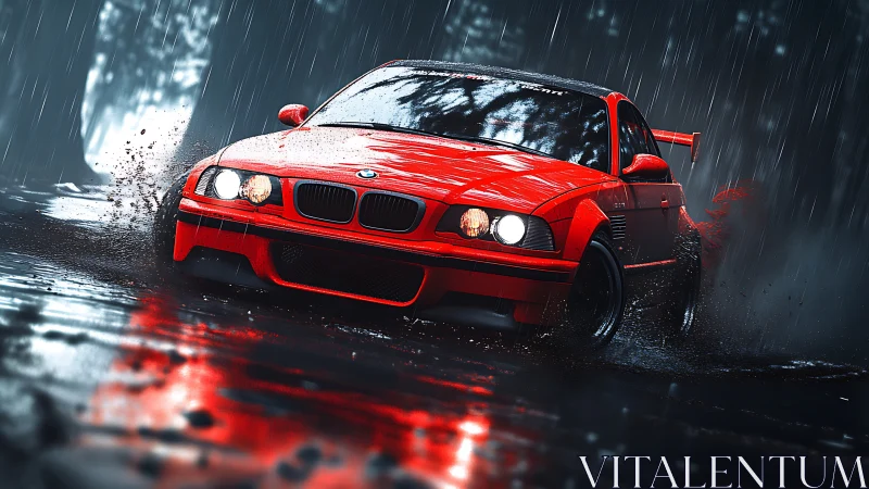 Red performance coupe powersliding through wet forest rain