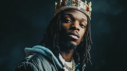 Crowned portrait of young man in streetwear against dark background.