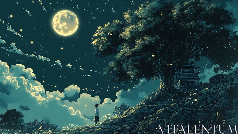 Moonlit hilltop wanderer beneath a glowing story-tree.