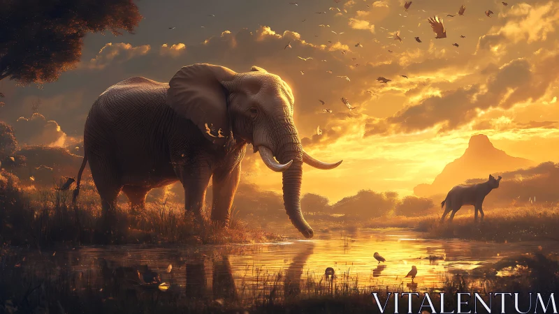 Majestic elephant pauses at glowing savanna waterhole at dusk.