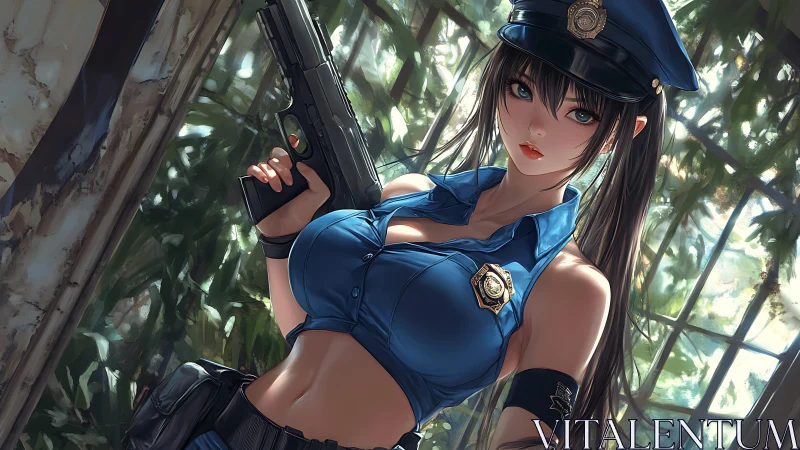 Highly rendered anime police officer holding handgun in overgrown atrium