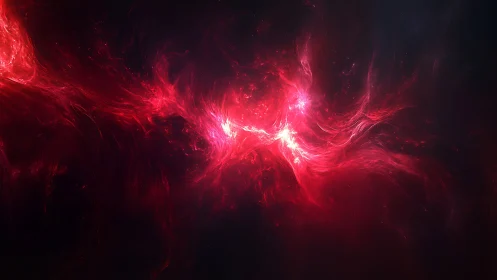 Red nebula-like plasma streams glow against dark space