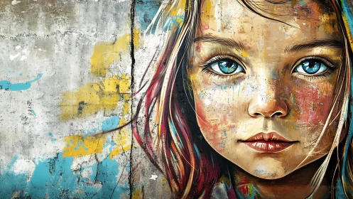 Hyperreal graffiti mural portrait of blue-eyed girl on wall