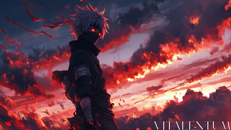 Masked swordsman burns through storm-darkened sky.