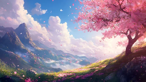 Cherry blossom hillside overlooks misty sunlit valley