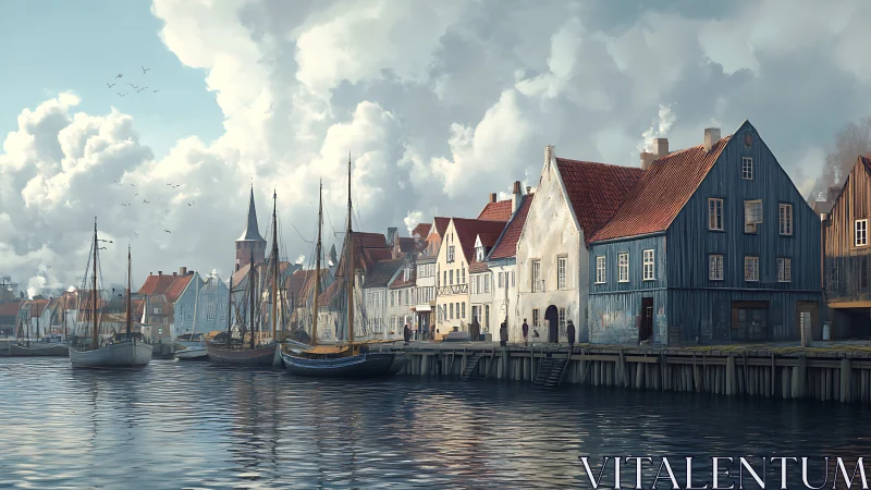 Harborfront street with moored sailing vessels and clouds.