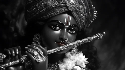 Divine black and white Krishna idol with ornate flute.