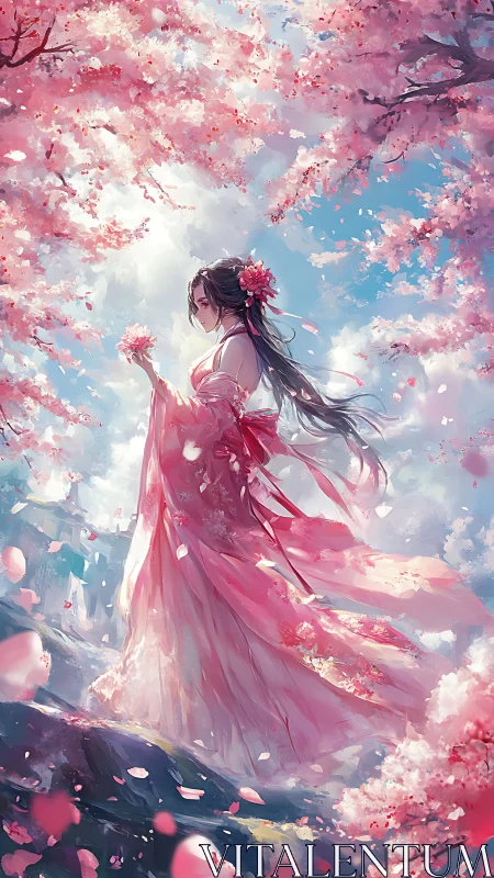 Cherry blossom dreamwalker in wind-tossed silk gardens.