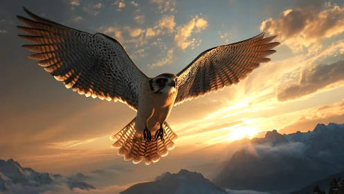 Majestic falcon soaring over mountains at sunrise, photorealistic style.