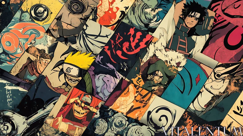 Collaged anime character panels with bold graphic symbols.