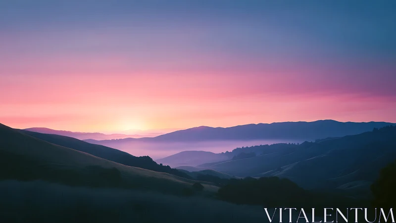 Pastel sunrise light washes over layered mountain ridges.