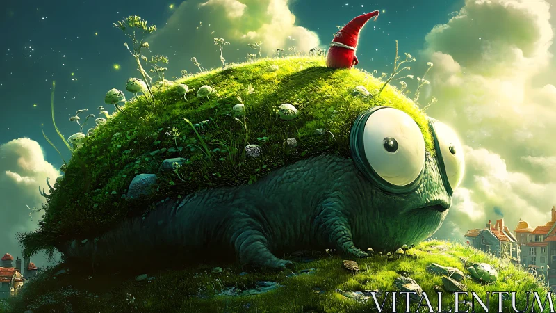 Whimsical moss turtle carries micro forest and gnome hat.