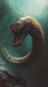 Ancient sea serpent coils through shadowy abyssal waters.