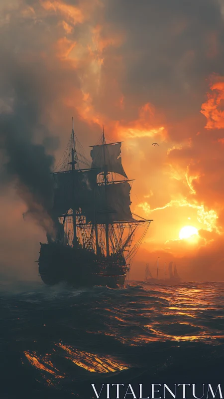 Tall ship cuts through stormy sea under burning sunset sky