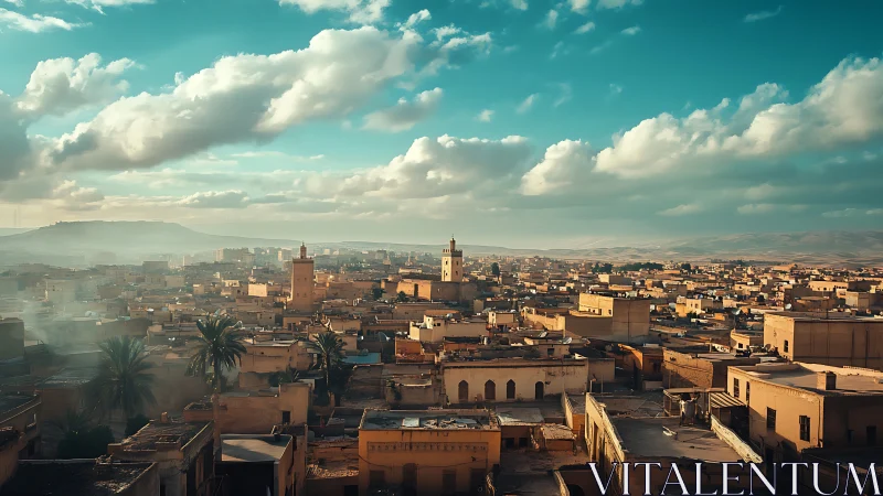 Sunlit Middle Eastern cityscape under wide clouded sky.