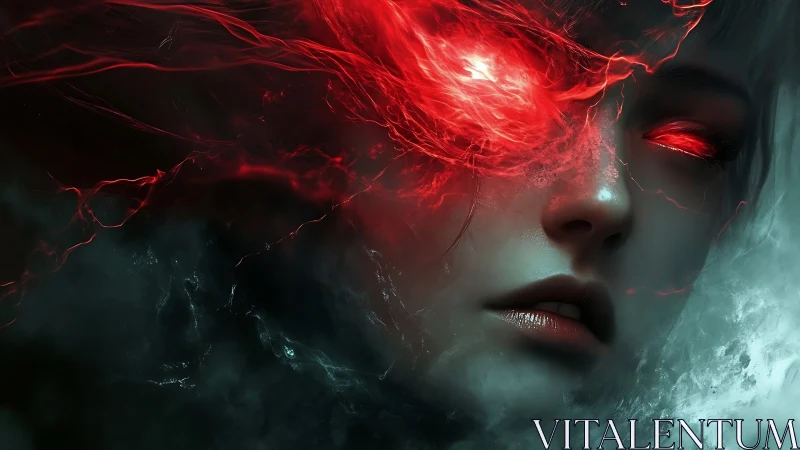 Humanlike face with red luminous eyes in dense mist.