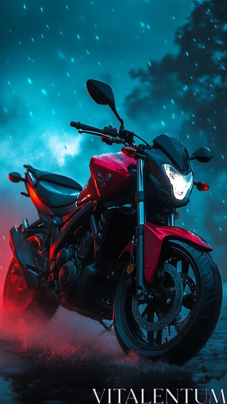Red street motorcycle in wet nighttime rain scene, front view.