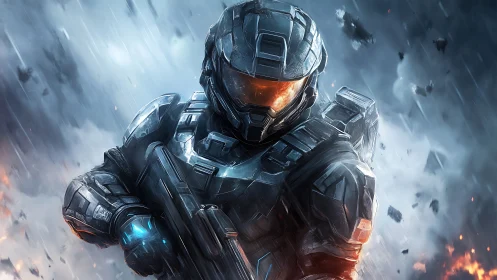 Armored space soldier strides forward through the storm