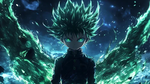 Anime energy avatar with emerald wings in dynamic symmetry.