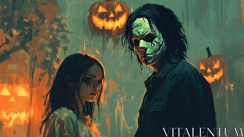 Masked Halloween duo amid sinister jack-o’-lantern glow.