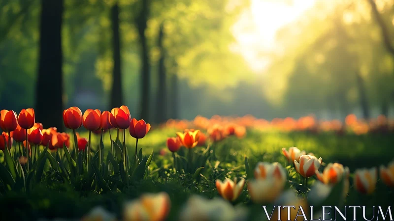 Red tulips in sunlit park with blurred tree-lined background