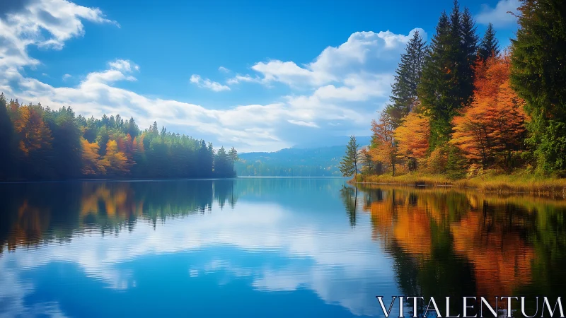 Photorealistic autumn lake panorama with mirrored treeline symmetry.