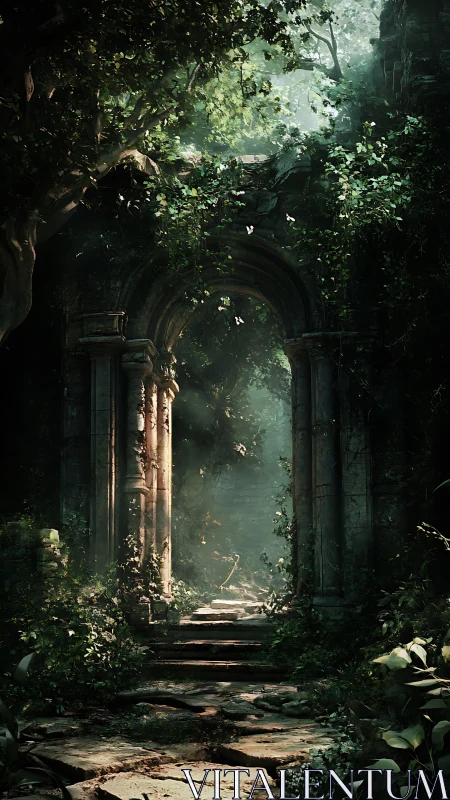 Ancient stone archway in overgrown forest ruin at dawn.