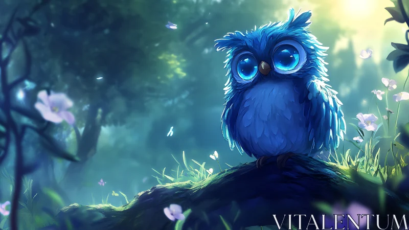 Adorable blue cartoon owl with big eyes in a magical forest.