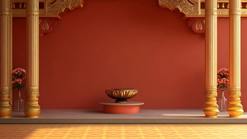 Golden temple alcove cradles a single luminous offering bowl.