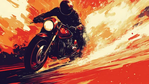 Motorcyclist leans into high speed turn in red blaze.