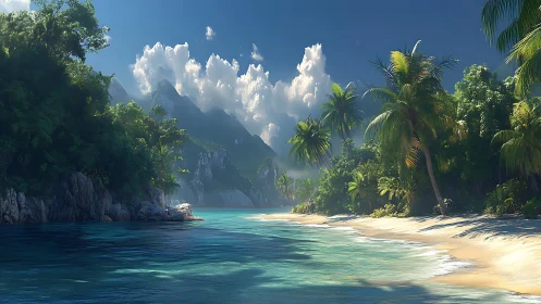 Tropical Lagoon With Vertical Limestone Cliffs Beneath Cumulus Cloud Formation