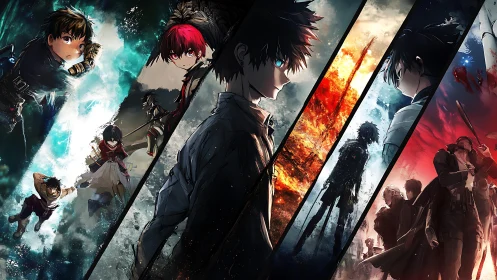 Fragmented anime heroes across elemental battle realms.