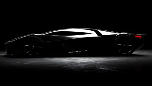 Sleek black supercar silhouette glides through dramatic light