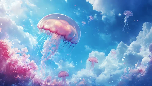 Sky jellyfish drift through cotton clouds in pastel silence