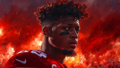 Digital portrait of football player against fiery backdrop.