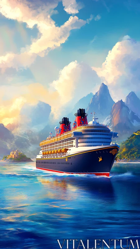 Majestic cruise ship glides toward a fairytale island kingdom.