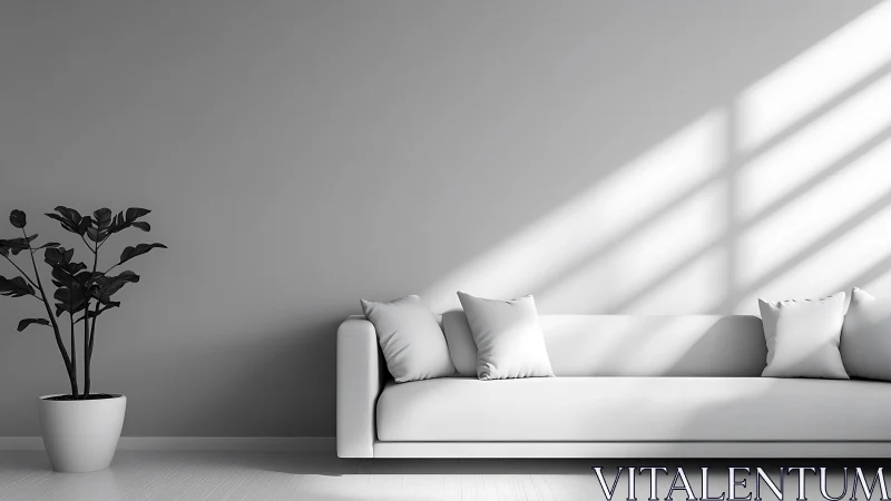 Soft light on a calm minimalist sofa and houseplant corner.