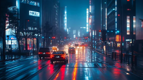 Neon-lit city street shimmers on rainy blue night drive