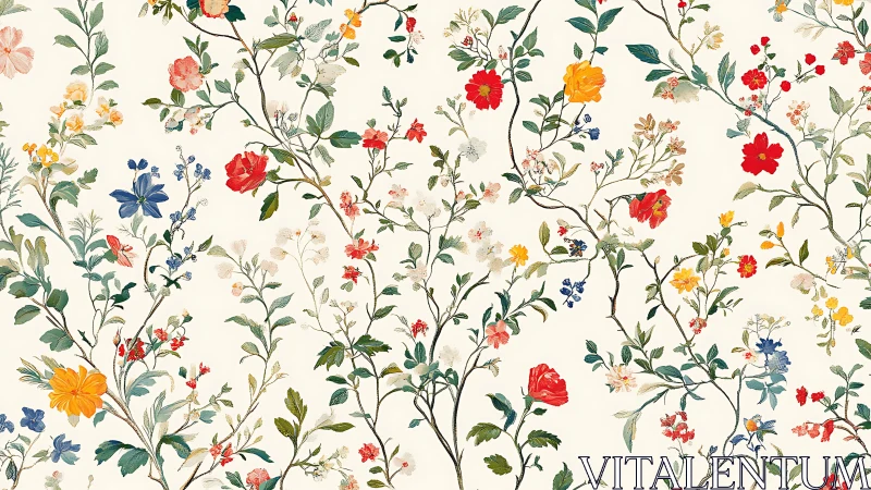 Intricate botanical pattern shows climbing wildflowers on cream