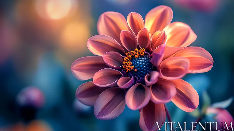 Digital rendering of dahlia flower with layered petals and blue center.