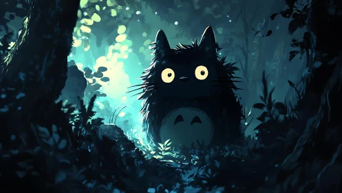 Forest spirit watches glowing path through moonlit trees.