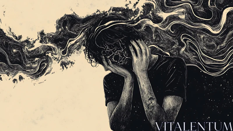 Surreal monochrome figure dissolving into swirling chaos.