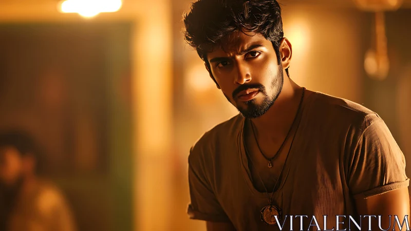 Intense young man in warm cinematic golden lighting.