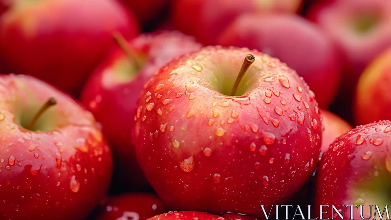Close-up view of red apples with surface water droplets.