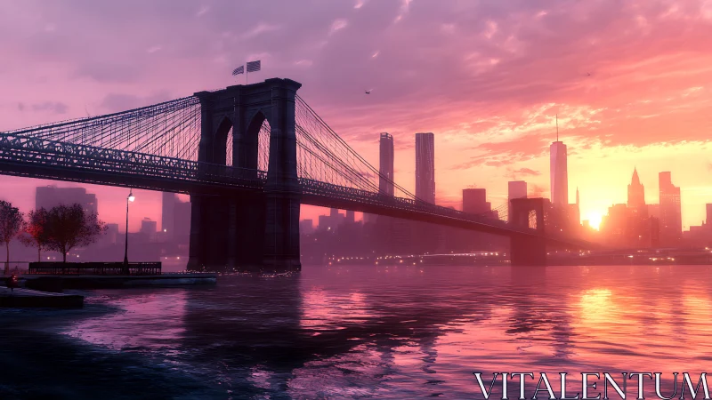 Brooklyn Bridge glows in a vivid pink and orange sunset.